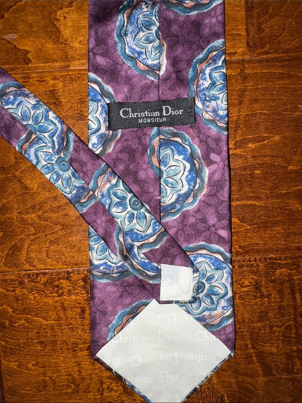 Vintage Christian Dior Monsieur Silk Tie Purple Medallion Geometric Designer